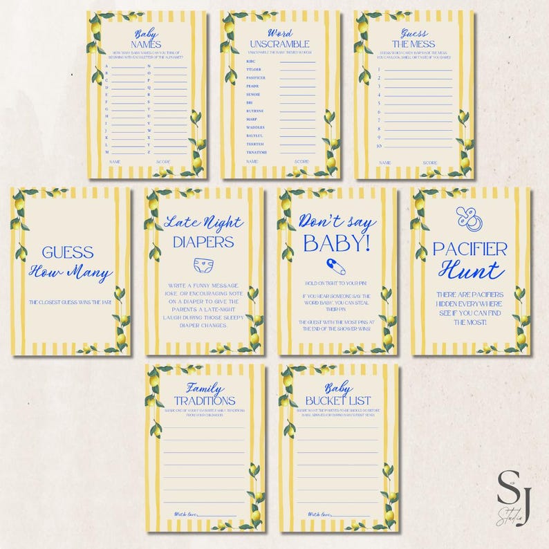 Op de afbeelding: Een verzameling babyshower-spelkaarten met een citroenthema. Elke kaart heeft een geel en wit gestreepte achtergrond, decoratieve citroen- en bladranden en verschillende speltitels zoals "Baby Names" en "Pacifier Hunt".