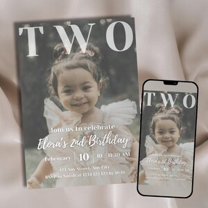 2nd Birthday Invitation Template Editable Second Kids Birthday Party Modern Minimalist Digital Invite