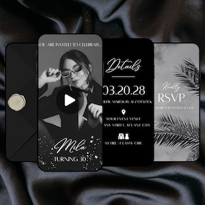 Luxury Birthday Party Animated Video Invitation Black Silver Elegant Classy Customizable Digital Invite