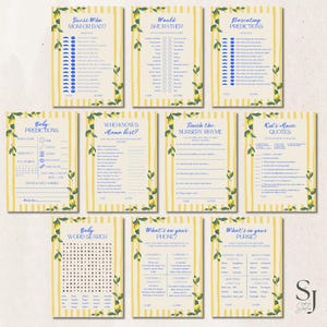 Op de afbeelding: Een verzameling afdrukbare babyshower-spellen. De spellen omvatten "Raad eens wie Mama of Papa?", "Zou ze liever", "Ouderlijke voorspellingen", "Babyvoorspellingen", "Wie kent Mama het beste?", "Maak het kinderrijmpje af" en meer.