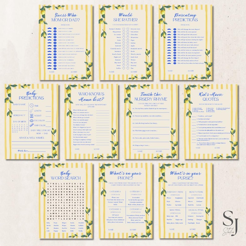 Op de afbeelding: Een verzameling afdrukbare babyshower-spellen. De spellen omvatten "Raad eens wie Mama of Papa?", "Zou ze liever", "Ouderlijke voorspellingen", "Babyvoorspellingen", "Wie kent Mama het beste?", "Maak het kinderrijmpje af" en meer.