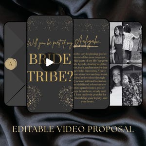 以下が含まれることがあります： 「Will you be part of my BRIDE TRIBE?」と「Aaliyah...」のテキストが入った、黒と金のビデオ提案テンプレート。テンプレートには再生ボタンと写真用のセクションが含まれています。「EDITABLE VIDEO PROPOSAL」の文字が下部にあります。