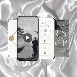 May include: A digital wedding invitation suite displayed on three smartphone screens, featuring a black and white photo of a couple, event details for August 28, 2025, and an RSVP section, accompanied by an envelope with a gold wax seal.