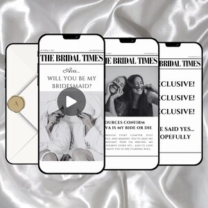 May include: A digital invitation set featuring a white envelope with a gold wax seal and three smartphone screens displaying a newspaper-themed design titled The Bridal Times. The screens show black and white photos and text asking a bridesmaid.