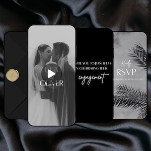 Puede incluir: Un conjunto de anuncios de compromiso en blanco y negro. El conjunto incluye un sobre negro con un sello dorado, una invitación en vídeo con los nombres "Isla & Oliver" y dos tarjetas de invitación. Una tarjeta dice: "Te invitamos a celebrar su compromiso."