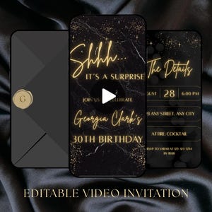 Luxury Surprise Birthday Party Video Invitation Editable Canva Template Black Gold Animated Digital Invite