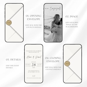May include: A digital invitation template with a minimalist design. The design includes a black and white photo of a couple, two envelopes with gold seals, and event details. Text includes "We're Engaged!" and event information.