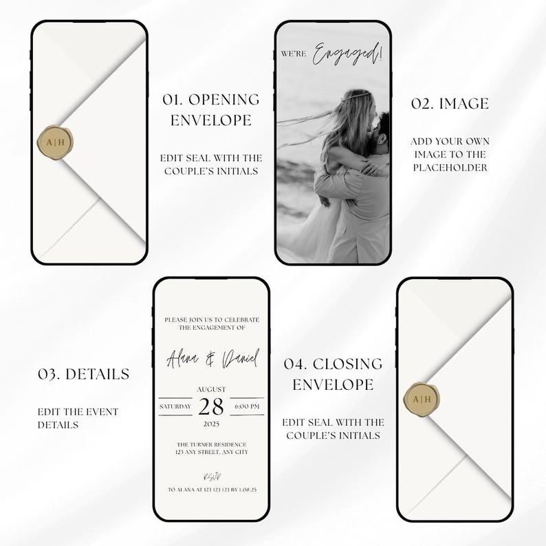 May include: A digital invitation template with a minimalist design. The design includes a black and white photo of a couple, two envelopes with gold seals, and event details. Text includes "We're Engaged!" and event information.