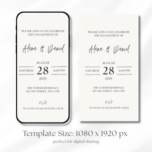 May include: An engagement announcement template on a smartphone and a card. The text reads: "Please join us to celebrate the engagement of Alana & Daniel, August 28, 2025, 6:00 PM." The address and RSVP information are also included. The template size is 1080 x 1920 px.