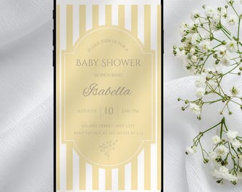 Cyfrowe zaproszenie na baby shower w żółte paski, edytowalne, minimalistyczne, telefoniczne zaproszenie z informacją o płci dziecka (do pobrania w wersji cyfrowej)