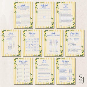 Op de afbeelding: Een verzameling babyshower-spelkaarten met een citroenthema. De kaarten hebben gele en witte strepen, citroen- en bladaccenten en verschillende speltitels zoals "Baby Bingo" en "Dad Jokes".