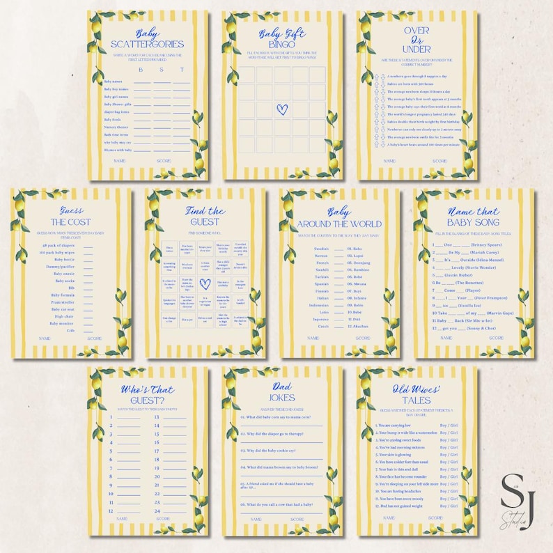 Op de afbeelding: Een verzameling babyshower-spelkaarten met een citroenthema. De kaarten hebben gele en witte strepen, citroen- en bladaccenten en verschillende speltitels zoals "Baby Bingo" en "Dad Jokes".