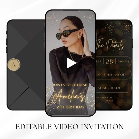 Luxury Birthday Video Invitation Black Gold Digital Animated Invite Editable Template 18th 21st 30th 40th 50th (Instant Download)