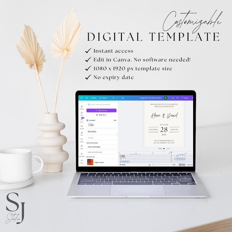 May include: A laptop displaying a digital template for an invitation, with the text "Customizable DIGITAL TEMPLATE." The screen shows an invitation design. A white mug, vase with dried flowers, and the text "SJ Studio" are also visible.