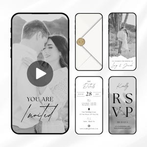 Könnte beinhalten: Eine Sammlung digitaler Hochzeitskarten-Designs, die auf Smartphones angezeigt werden. Die Designs umfassen ein Foto des Paares, einen Umschlag mit Initialen und Hochzeitsdetails, einschließlich eines RSVP-Bereichs. Das Thema ist elegant und minimalistisch.