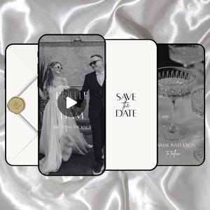 Può includere: Un modello digitale save the date con una fotografia in bianco e nero di una coppia, il testo BRIELLE LIAM ARE TYING THE KNOT, SAVE THE DATE, e FORMAL INVITATION To follow, accanto a una busta bianca con un sigillo di ceralacca dorato.