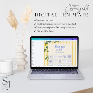 Op de afbeelding: Een laptop toont een digitale sjabloon met de tekst "Find the Guest". De sjabloon heeft een geel-witte gestreepte achtergrond met citroenillustraties. De laptop staat op een wit oppervlak, naast een witte mok en een decoratieve vaas met gedroogde planten. Op het scherm staat "Directe toegang."