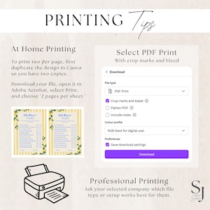 Op de afbeelding: Afbeelding met afdruk tips. Tekst bevat "Thuis afdrukken" en "PDF-afdruk selecteren". Instructies worden gegeven voor thuis afdrukken en het selecteren van PDF-instellingen. De afbeelding bevat ook een printerpictogram en twee voorbeeldafdrukken.