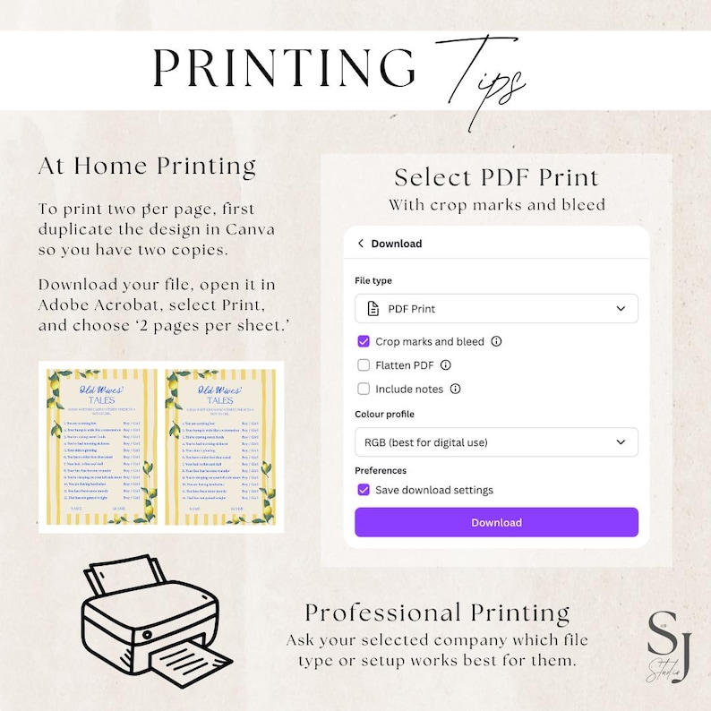 Op de afbeelding: Afbeelding met afdruk tips. Tekst bevat "Thuis afdrukken" en "PDF-afdruk selecteren". Instructies worden gegeven voor thuis afdrukken en het selecteren van PDF-instellingen. De afbeelding bevat ook een printerpictogram en twee voorbeeldafdrukken.