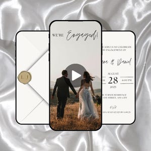 May include: A digital engagement invitation displayed on a smartphone screen featuring a couple walking in a field, with the text WE'RE Engaged! and event details including August 28, 2025. An envelope with a gold wax seal marked LJ is visible.