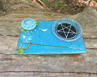 Blue Glitter Alyar Tray with Pressed Flowers, Mushrooms and Butterflies