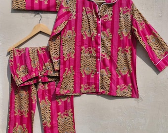 Pink Tiger Print Cotton Pajama Set, Handmade Loungewear