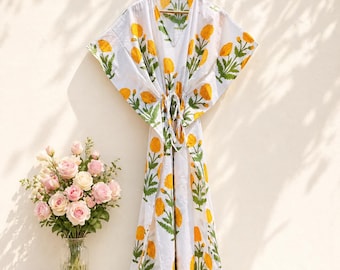 Robe caftan indienne fleurie en coton : imprimée à la main, taille libre