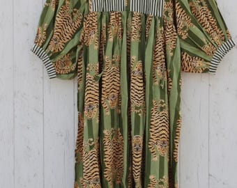 Olive Stripe Tiger Print Cotton Gauze Dress