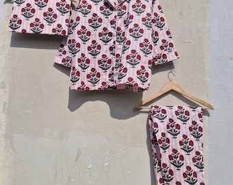 Handmade Cotton Pajama Set: Block Print Boho Loungewear with Pouch