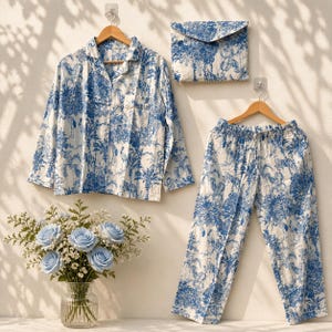 Conjunto de pijama de algodón para mujer, estampado animal azul toile, ropa de dormir, pijama de salón, regalo para ella.