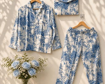 Women Cotton Pajamas Set Blue Toile Animal Print Sleepwear Lounge Nightwear Gift for Her