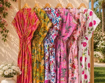 Abito caftano in cotone stampato a mano, caftano taglie forti, caftano lungo floreale, abito da casa in cotone, copricostume da spiaggia, abbigliamento per il tempo libero, pigiama da donna