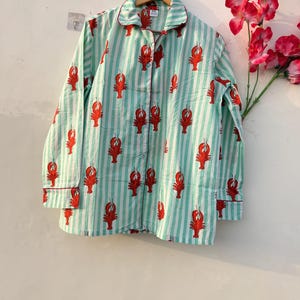 Lobster Print Cotton Pajama Set Mint Stripe Women Summer Sleepwear Lounge Set image 2