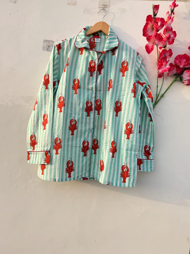 Lobster Print Cotton Pajama Set Mint Stripe Women Summer Sleepwear Lounge Set image 2