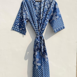 Men’s Cotton Block print House Robe Kimono - Indigo White Blue Patchwork Geometric Garden