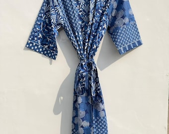 Men’s Cotton Block print House Robe Kimono - Indigo White Blue Patchwork Geometric Garden