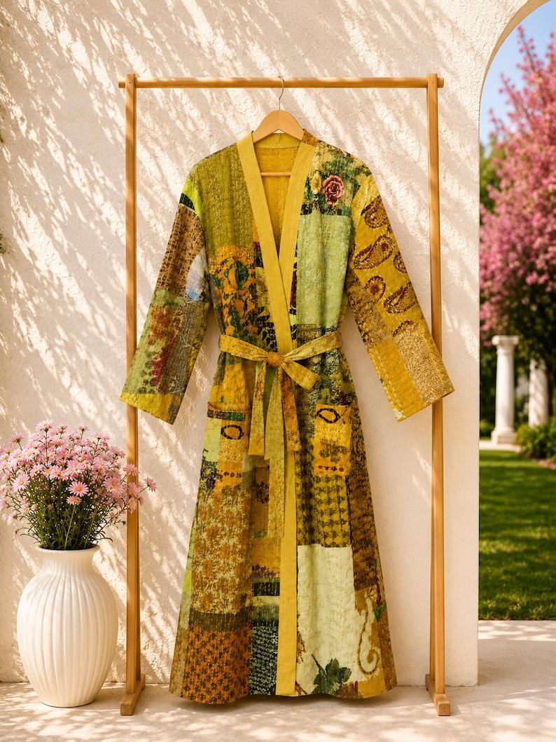 May include: A long-sleeved robe featuring a patchwork design in various shades of yellow, olive green, and brown. The garment includes a solid yellow collar, a matching tie belt at the waist, and two front pockets, all constructed from quilted fabric.