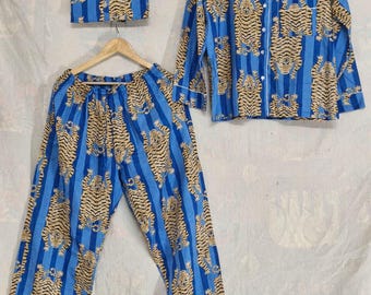 Tiger Print Long Sleeved Silky Pajama Set: Women's Soft Loungewear
