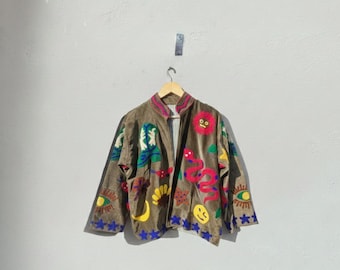 Hand Embroidered Suzani Jacket, Snake Boho Festival Coat + [ Toiletry Pouch Free ]