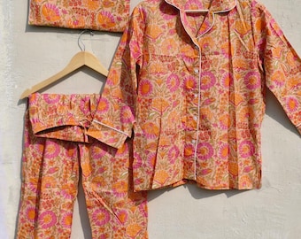 Handmade Cotton Pajama Set: Block Print Boho Loungewear with Pouch