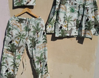 Strawberry Print Cotton Pajama Set, Red Stripe Sleepwear, Loungewear