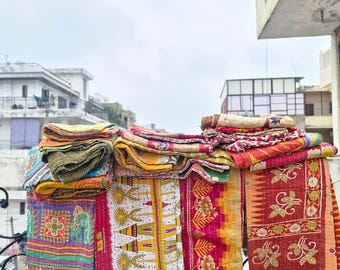 Wholesale Vintage Kantha Quilt Lot: Handmade Reversible Cotton Throw