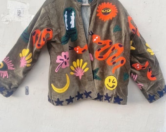 Chaqueta Suzani bordada a mano: bata kimono corta de algodón
