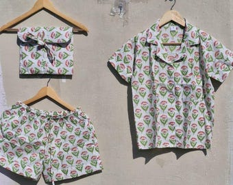 ハンドメイドコットンパジャマセット：花柄レディースパジャマ