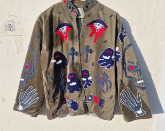 Handmade Suzani Embroidered Jacket, Skull Evil Eye Spider Motifs, Boho Gothic Festival Outerwear