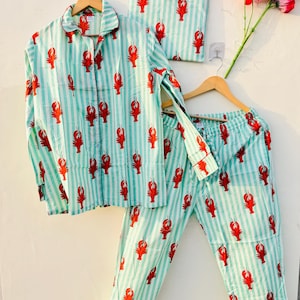Lobster Print Cotton Pajama Set Mint Stripe Women Summer Sleepwear Lounge Set image 1