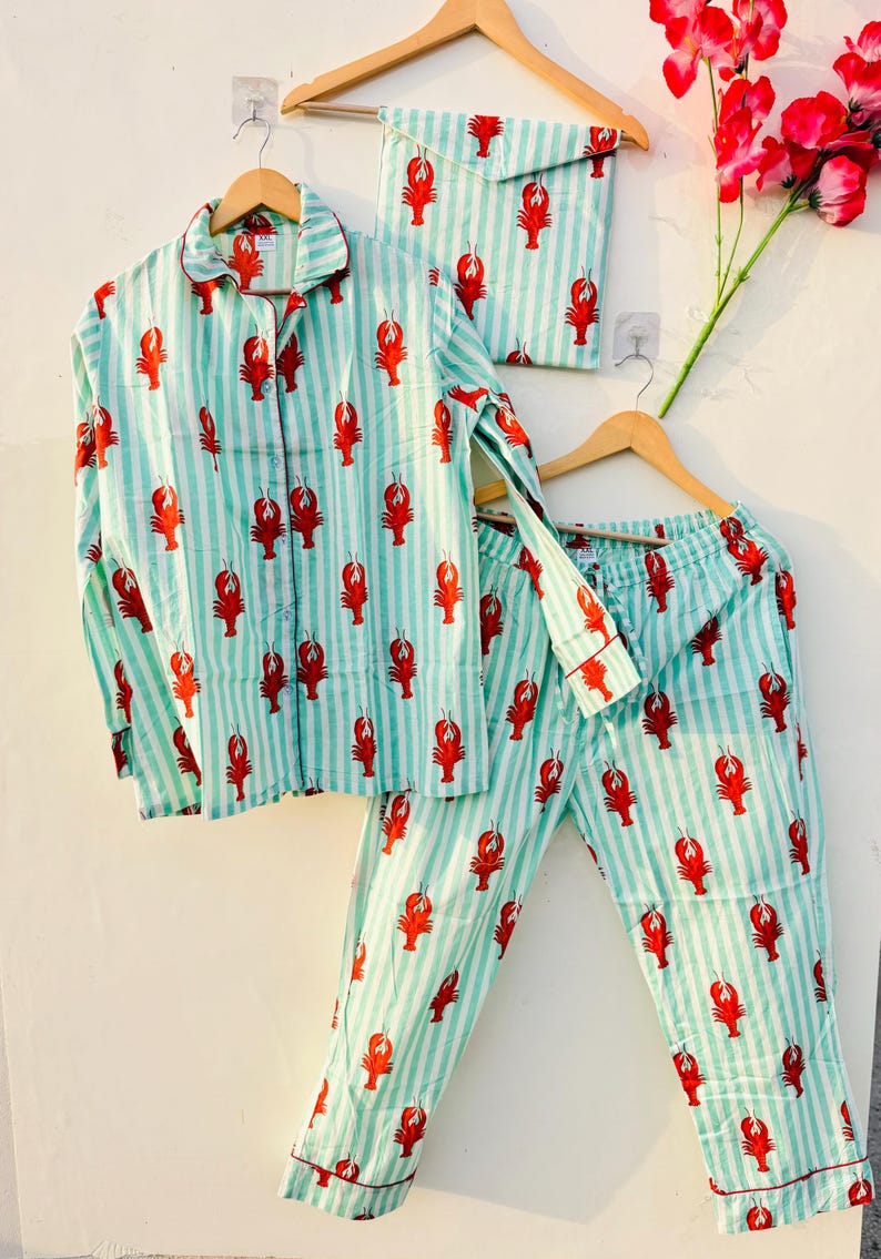 Lobster Print Cotton Pajama Set Mint Stripe Women Summer Sleepwear Lounge Set image 1
