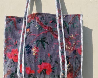 Floral Velvet Tote Bag, Quilted Reusable Shoulder Bag