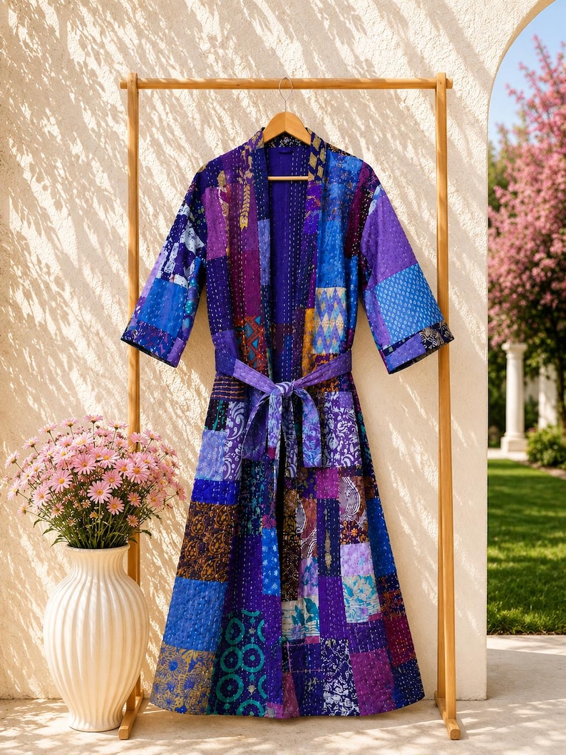 May include: A long-sleeved robe featuring a patchwork design in various shades of purple and blue. The garment is constructed from multiple fabric panels with intricate patterns and is secured at the waist with a matching fabric tie belt.