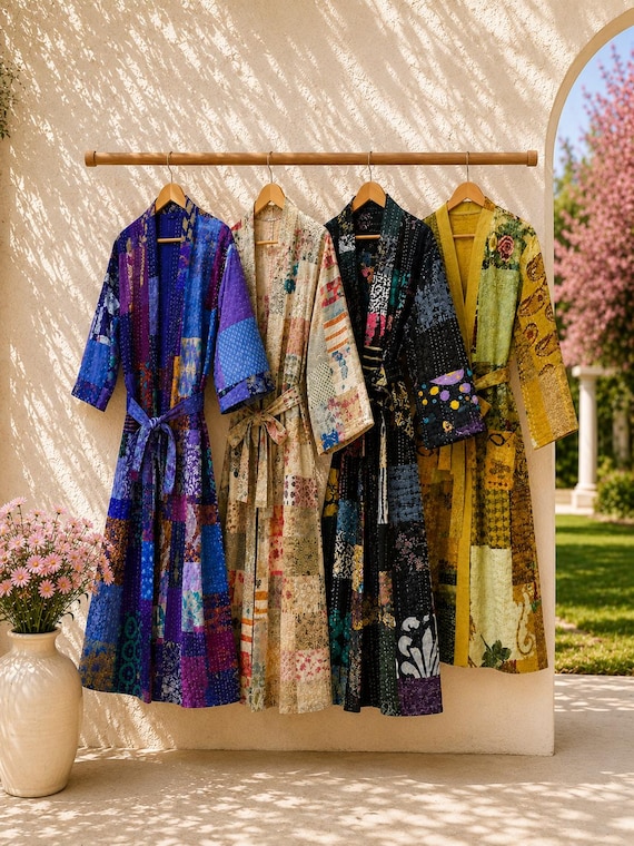 Sari Silk Kimono, Kantha Patchwork Robe, Boho Dressing Gown, Vintage Christmas Gift for Her
